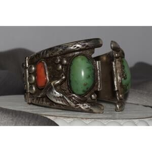 Navajo Sterling Birds Turquoise, Coral & Jet Watch Bracelet 83.6G/5.25in